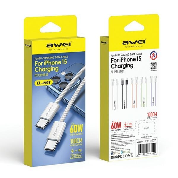 AWEI kabel CL-219T USB-C na USB-C 60W biały/white iPhone 15